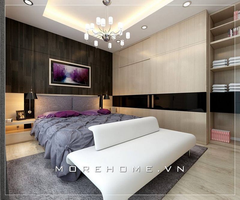 Thiết kế giường ngủ 2 người phong cách hiện đại, đầu giường bọc nỉ nhung sang trọng tạo điểm nhấn ấn tượng cho cả không gian